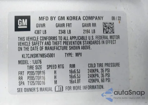 2022 Chevrolet Trax Awd Ls из США, поврежденный, VIN KL7CJNSM7NB545001